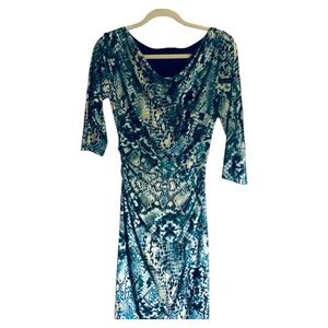 David Meister Blue V-Neck Cocktail Dress 3/4 Sleeves